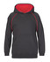 A black hoodie with a red interior and contrast stitching. It features a front pocket and a hood.