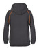 A dark grey hoodie with an orange contrast design and a hood, featuring a logo.