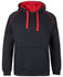 A black fleece hoodie with red accents and two red drawstrings, featuring a front pocket and a hood.