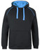 A black hoodie with a light blue inside hood and contrasting blue detailing, featuring a front pocket and drawstrings.