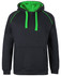 A black hoodie with a green interior and contrast stitching, featuring a front pocket and a drawstring hood.