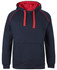 A navy hoodie with red accents and a kangaroo pocket, featuring a hood and drawstrings. It has a logo on it.