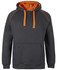 A dark grey hoodie featuring an orange interior and contrasting orange detailing, with a front pocket and a hood.
