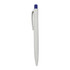 A plastic pen in white with a purple top and a clip, featuring a logo.