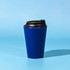 A blue 350mL coffee mug with a black lid, featuring a logo on the side.
