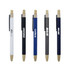 A collection of bamboo click pens in white, black, blue, dark grey, and natural finishes, each with a clip and branding.