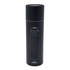 A drink bottle in matte black featuring a design outline and a screw-top lid. It has a logo on the bottle.