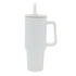A drink bottle with a white finish, featuring a handle and a lid with a straw, has a logo on the side.