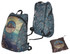 A fold-up backpack in blue with a mountain design and a logo, featuring adjustable straps and a compact storage pouch.