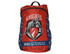 A red and navy fold-up backpack featuring a logo and shield design. It has a top handle and adjustable straps.