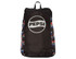 A fold-up backpack in black with a colourful Pepsi logo pattern and a top handle for easy carrying.