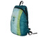 A fold-up backpack in turquoise and green with a logo on the front and adjustable straps.