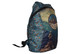 A fold-up backpack featuring a blue pattern with adventure-themed graphics and a large landscape print on one side.