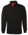 A black rugby shirt with a red collar and accents, featuring a long sleeve design and a logo.