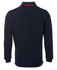 A navy two-tone rugby shirt featuring a red collar, long sleeves, and a simple design with a logo.