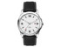A casual unisex watch featuring a silver dial, black leather strap, and a date display. It includes a logo on the watch face.