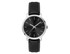 A ladies dress watch featuring a black dial, silver hands, and a black leather strap with white stitching.