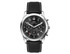 A black unisex watch featuring a leather strap, silver accents, and a black dial with white and red details.
