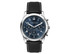 A silver chronograph watch with a blue dial and black leather strap, featuring white stitching and a logo.