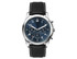 A stylish watch with a blue dial, silver casing, and a black leather strap featuring white stitching.