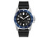 A sports watch featuring a black silicone strap and a black and blue face with luminous markers and a date display.