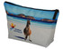 A toiletry bag featuring a kangaroo design with a blue and sandy background, and a logo printed on it.