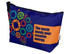 A blue pouch featuring colourful gear designs and a vibrant orange section. It has a zip closure and a logo.