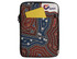 A laptop sleeve featuring a vibrant Aboriginal art design in red, blue, and black, with a yellow notebook in the front pocket.
