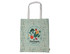 A green tote bag featuring a variety of vegetables and a circular logo, with white handles and a patterned background.