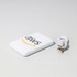 A white powerbank with a logo and a small USB cable beside it.