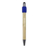 A bamboo pen featuring a blue grip and a black tip, with a logo displayed on the barrel.