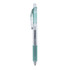 A gel ink pen in mint green with a clear barrel and a textured grip. The pen features a clip and branding.