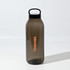 A drink bottle in smoky grey with a black lid features a logo. It has a reusable design for eco-friendly use.