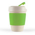 A reusable coffee cup in a light color with a green silicone band and a matching lid. It features a logo.