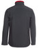 A soft shell jacket in dark grey with a red collar, featuring a logo on the back.