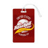 A red imprinted mini luggage tag with a baseball design and a clear attachment strap. It features a logo.