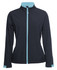 A women's softshell jacket in black with teal accents and a zip front, featuring a logo.