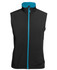 A black three-layer softshell vest with a turquoise inner collar and zipper, featuring a logo.