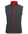 A three-layer softshell vest in dark grey with a red collar and zipper, featuring a logo.