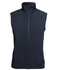 A black three-layer softshell vest with a high collar and a front zipper. It features a logo on the fabric.