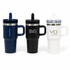 A drink bottle set featuring three travel mugs in navy, black, and white with branded logos and reusable straws.