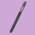 A black metal pen with a textured grip and a logo, featuring a sleek, stylish design.