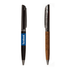 A wooden and metal ball pen with a sleek design, featuring a black and a brown finish, with logos included.