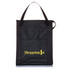 A black insulated grocery tote with a logo and two sturdy handles for easy carrying.