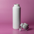 A drink bottle in white, featuring a screw-on lid, positioned against a pink background. It has a logo on the side.