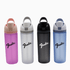 A drink bottle collection featuring four colours: pink, white, black, and blue, each with a logo.