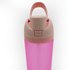 A drink bottle in pink with a beige lid and a handle, featuring a secure top closure and a logo.