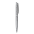A silver metal ball pen with a sleek design and a clip for securing. It features a logo on the body.