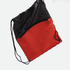 A red and black drawstring bag featuring a zippered pocket and black cords for carrying. It has a logo.