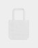 A white tote bag with two handles and a simple design. It has a logo on one side.